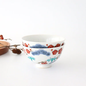 Colored tea bowl, Shochiku, plum, red, porcelain, Imari ware