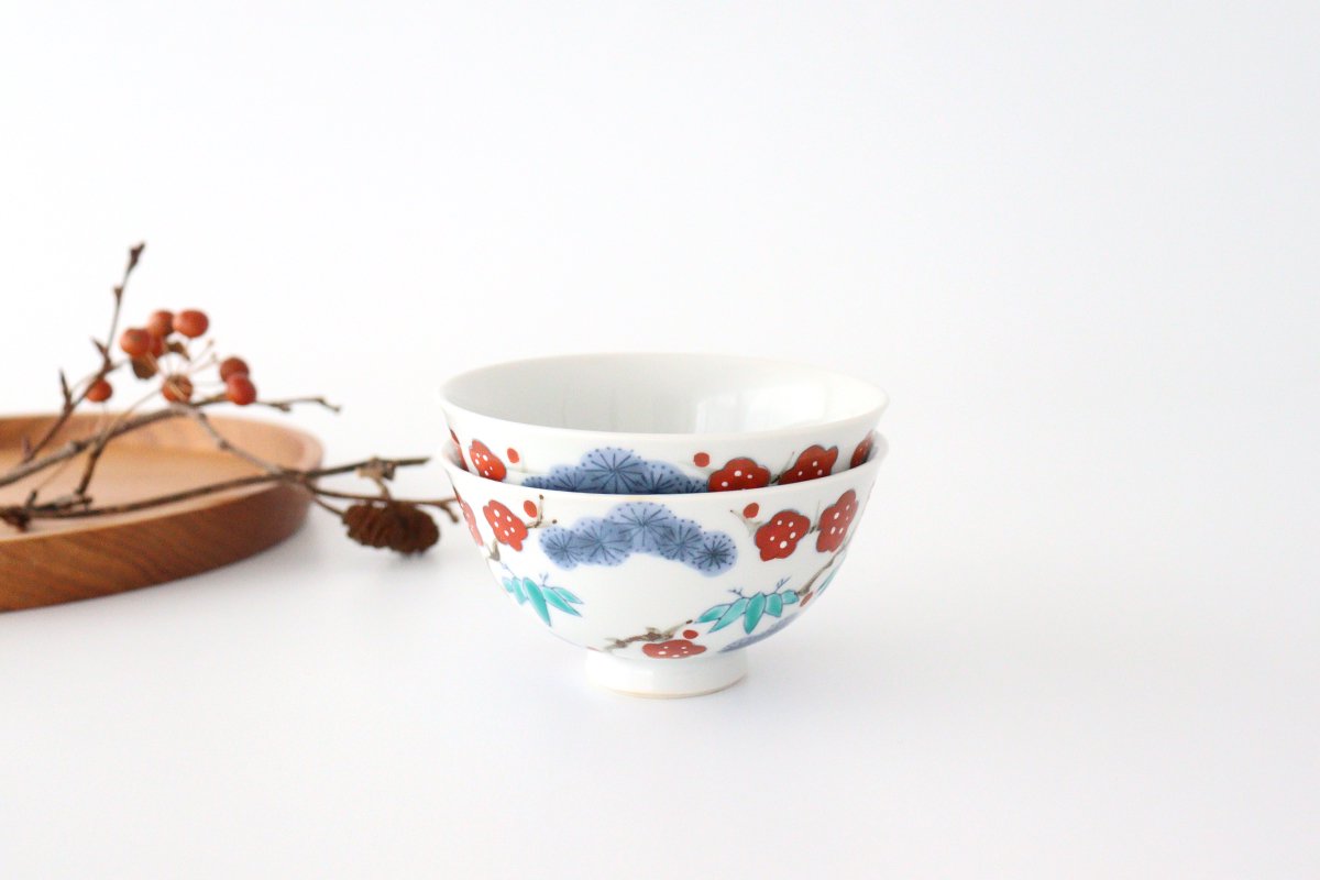 Colored tea bowl, Shochiku, plum, red, porcelain, Imari ware
