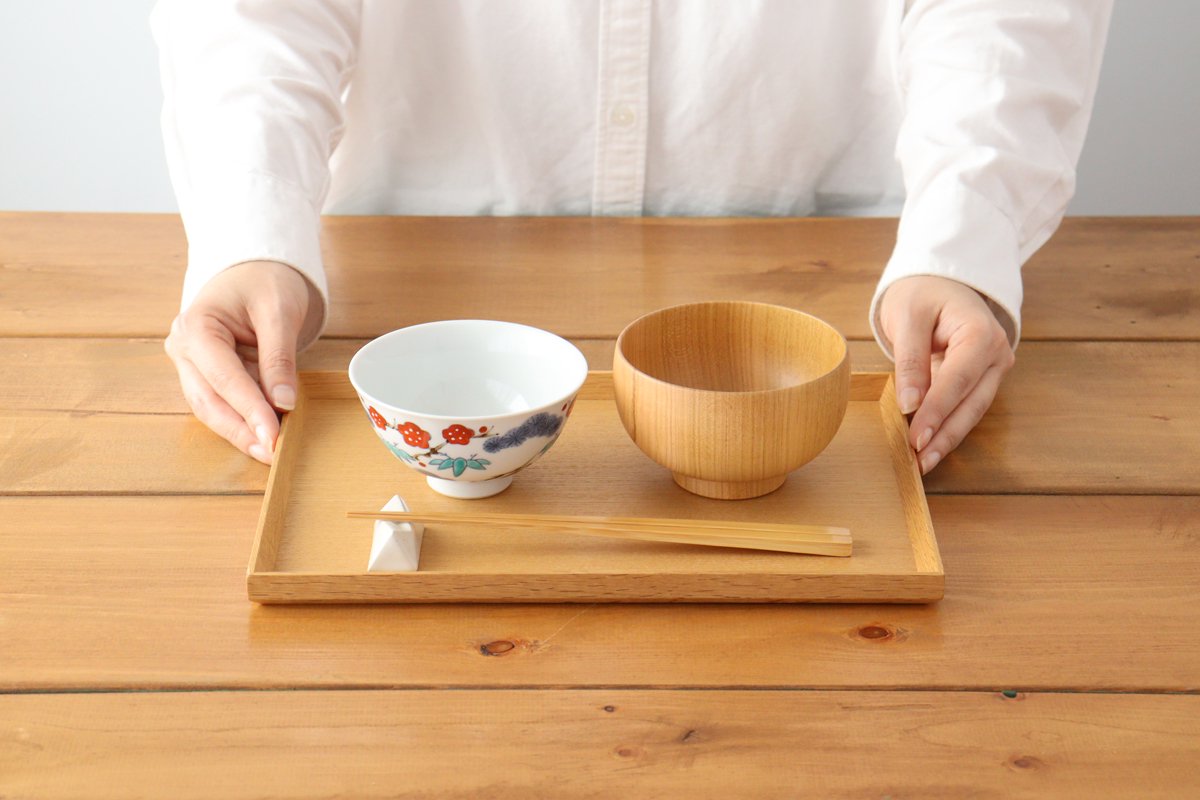 Colored tea bowl, Shochiku, plum, red, porcelain, Imari ware