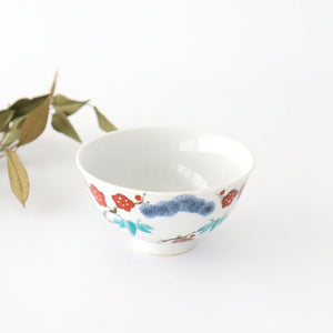 Colored tea bowl, Shochiku, plum, red, porcelain, Imari ware