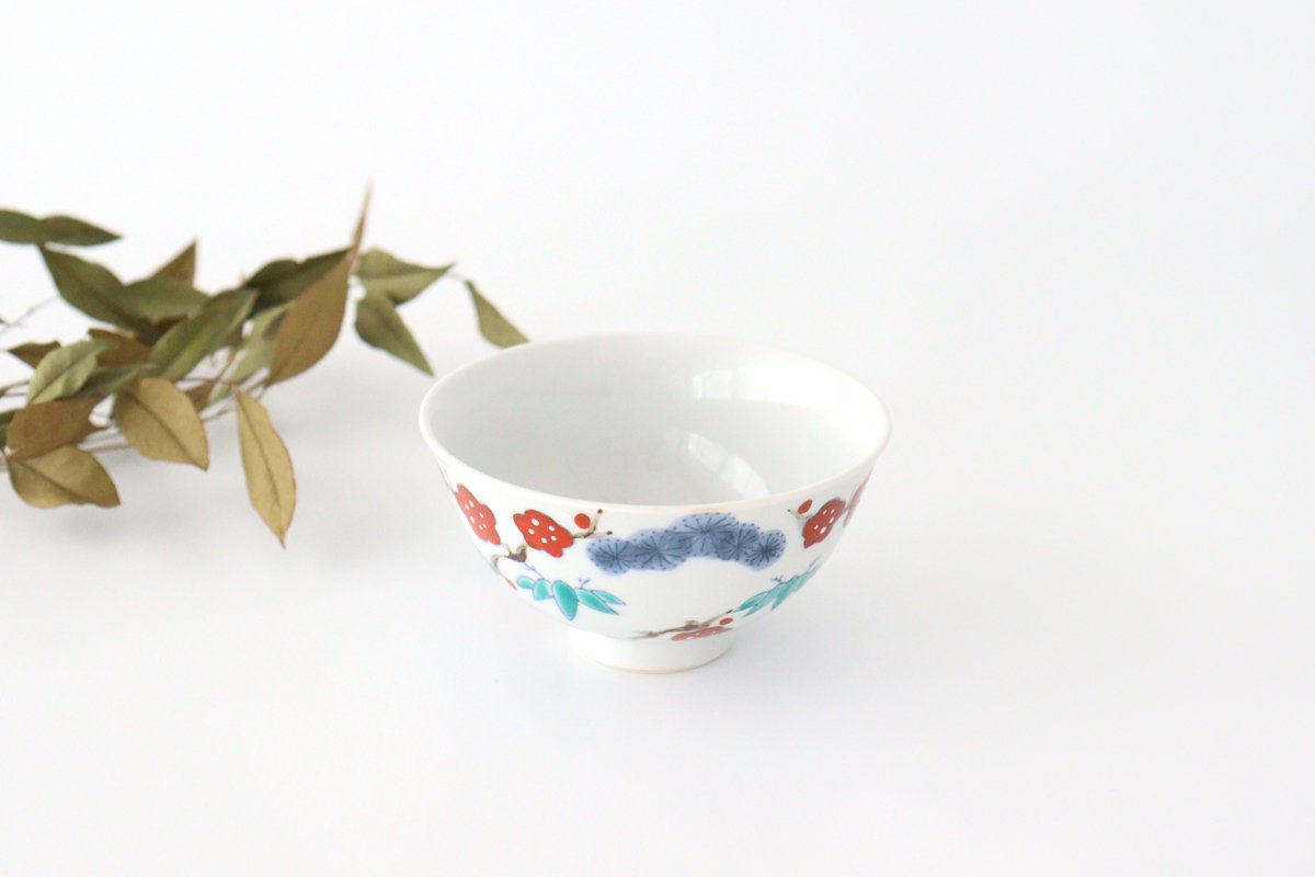 Colored tea bowl, Shochiku, plum, red, porcelain, Imari ware