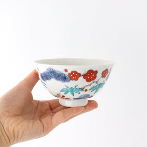 Colored tea bowl, Shochiku, plum, red, porcelain, Imari ware