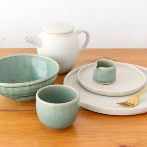 Plate large green pottery Saheigama Shigaraki ware