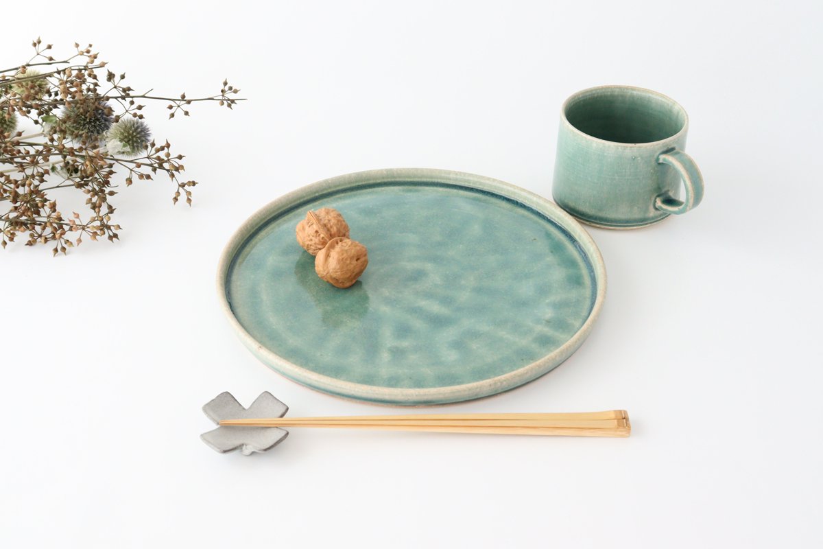 Plate large green pottery Saheigama Shigaraki ware