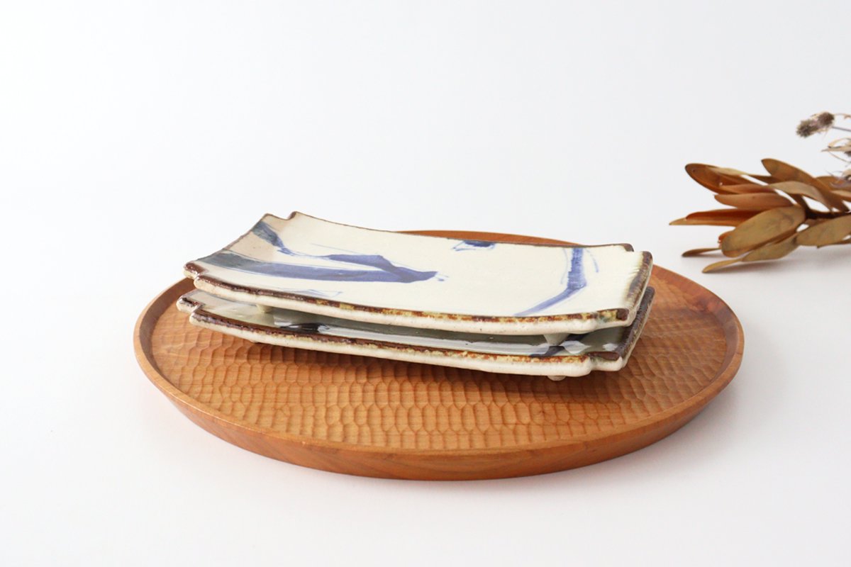 Corner-cut long square plate, Annan Raku painting, Goss pottery, Minami kiln, Mino ware