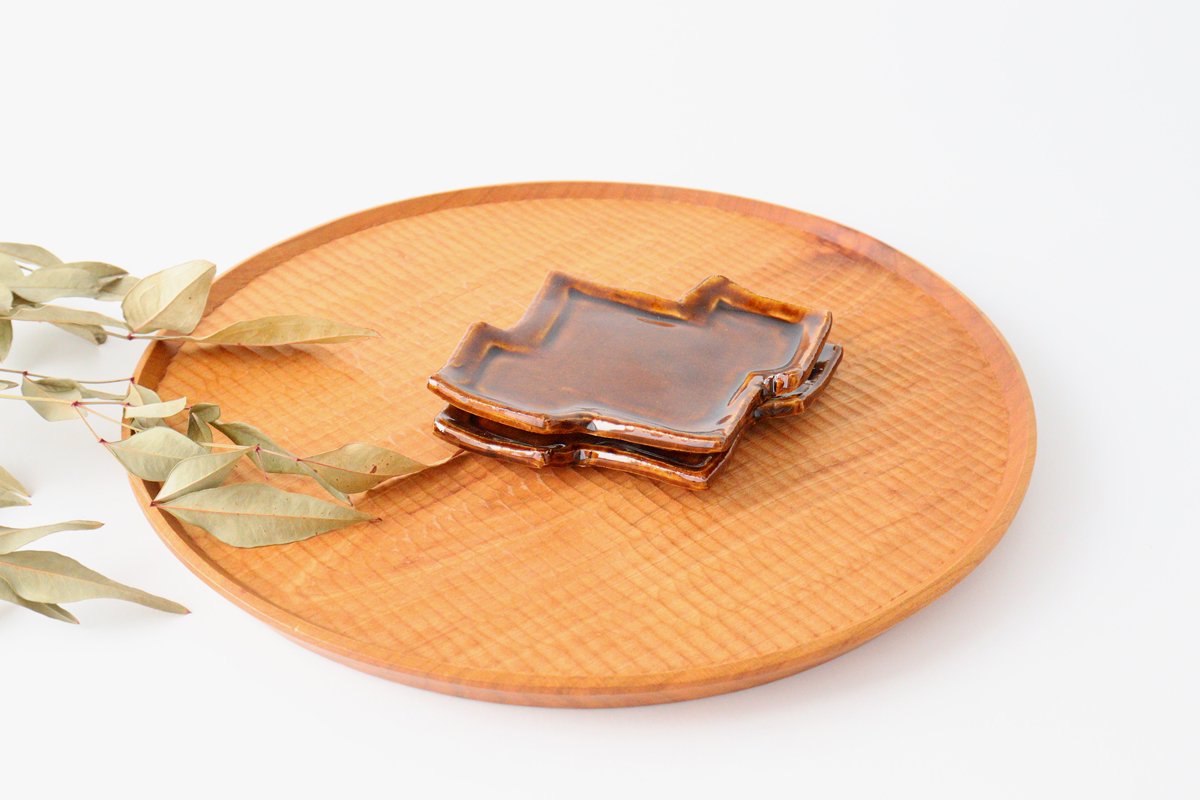 Tea heart small plate, pine bark rhombus, candy, pottery, Kitagama, Kasen, Hiroshige Kato, Seto ware