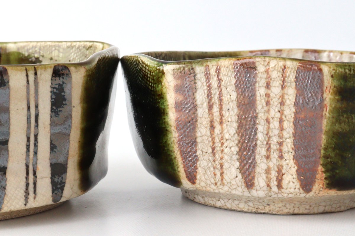 Kitagama Kasen Hiroshige Kato Hexagonal Small Bowl Oribe Line Pattern | Kobachi Seto Ware