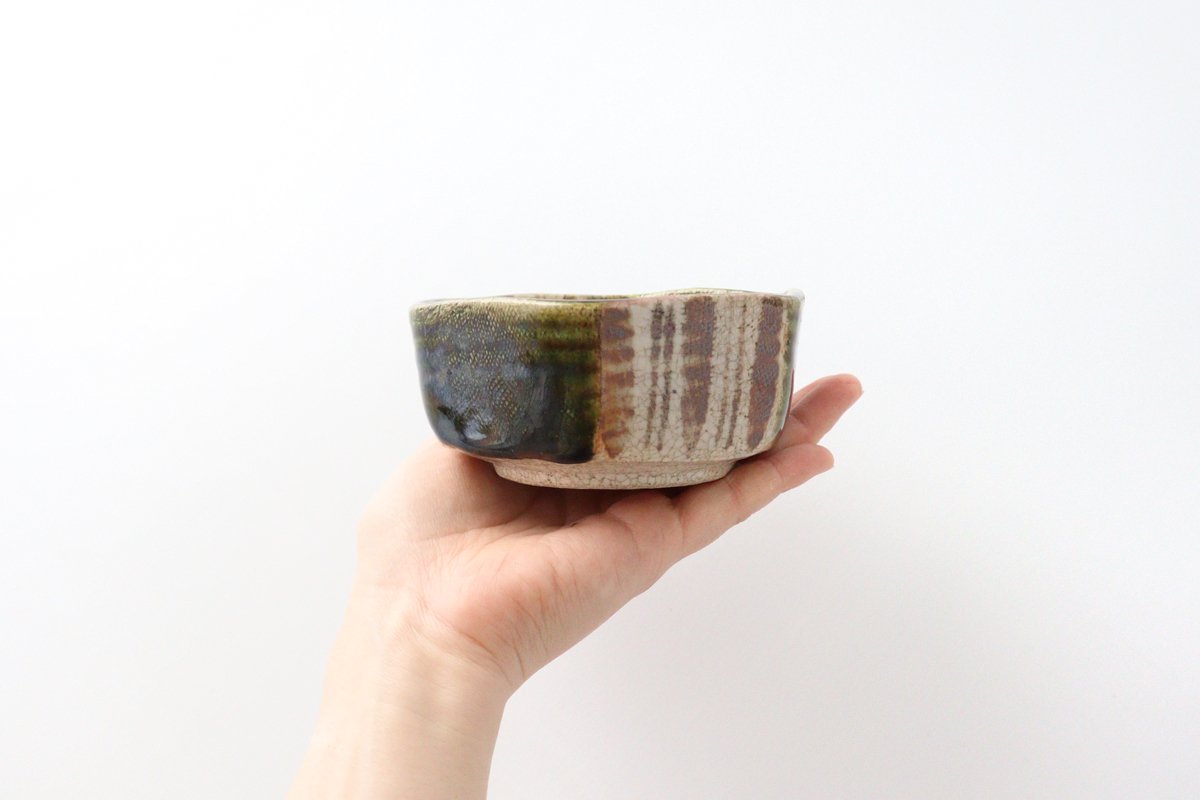 Kitagama Kasen Hiroshige Kato Hexagonal Small Bowl Oribe Line Pattern | Kobachi Seto Ware