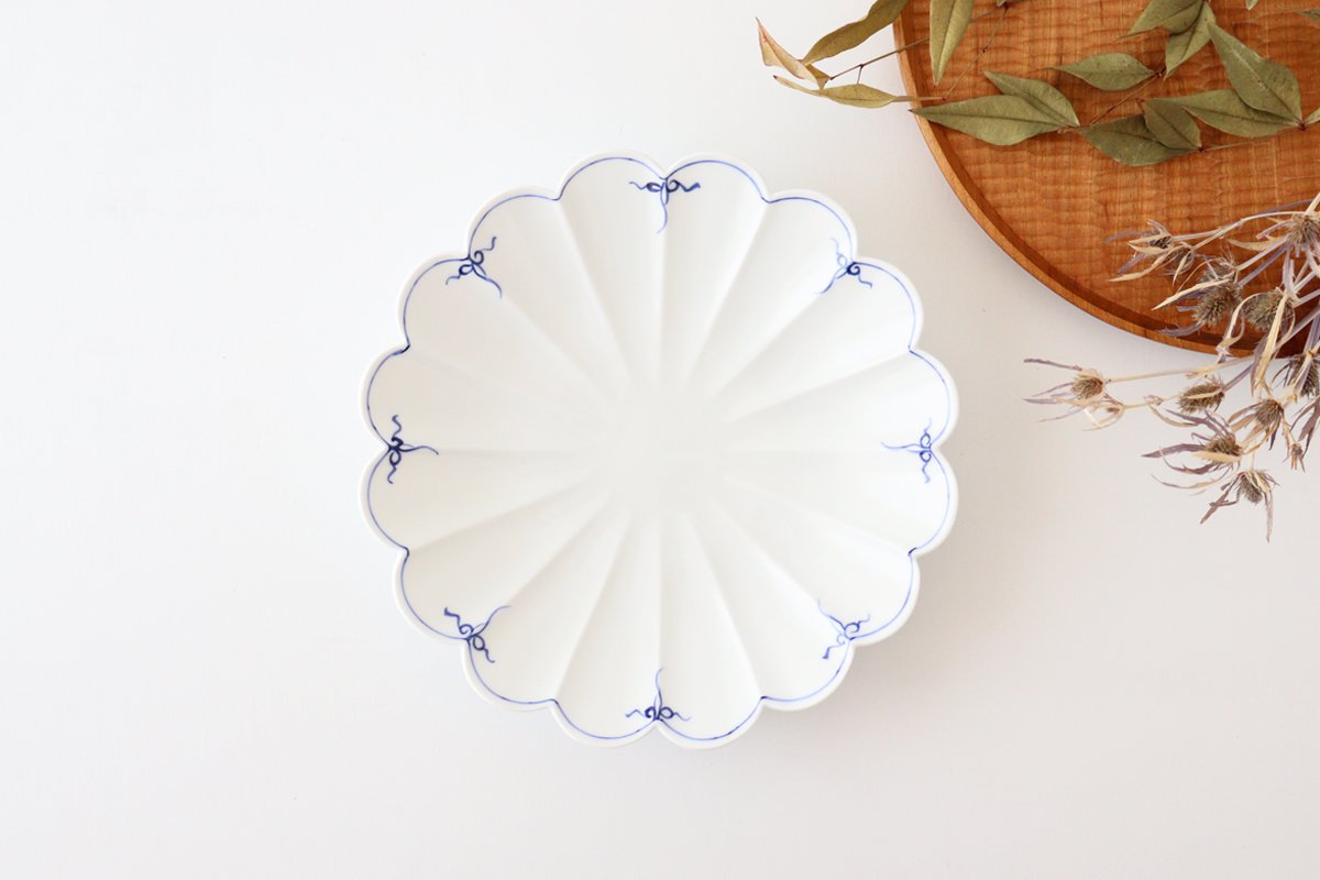 Chrysanthemum pattern plate large blue porcelain Fuchiasobi Hasami ware