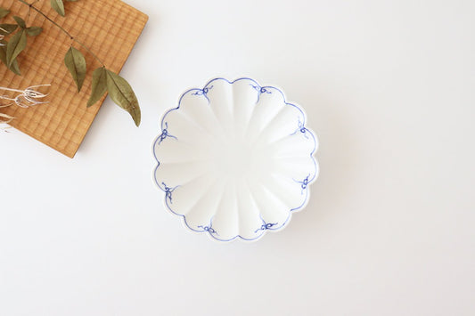Chrysanthemum pattern plate, medium blue, porcelain, Fuchiasobi, Hasami ware