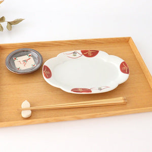 Mukuro plate, red camellia, porcelain, Kurochin kiln, Mino ware