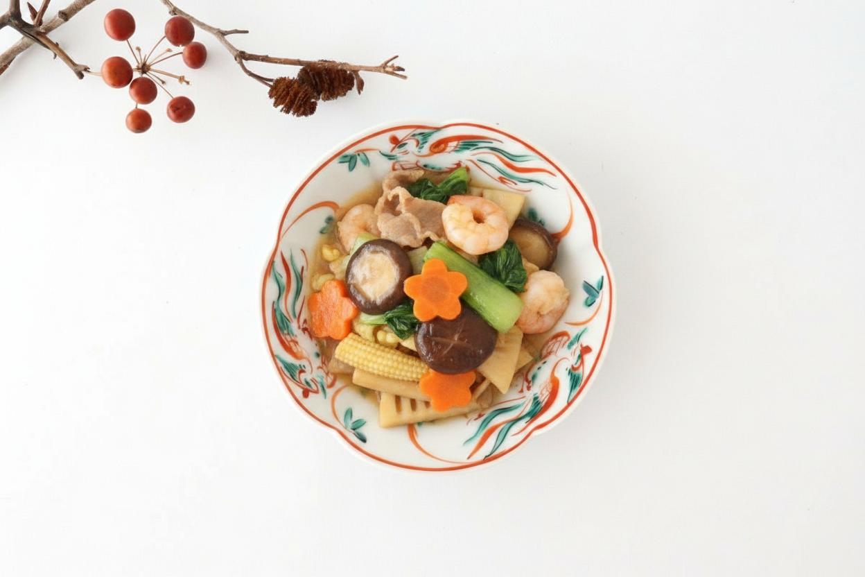 Zoho Kiln Side Plate Fuku and Red Phoenix Pattern | Mino Ware