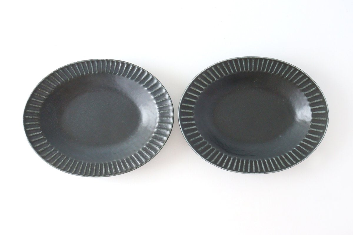 Oval platter black porcelain Kikuhana Mino ware