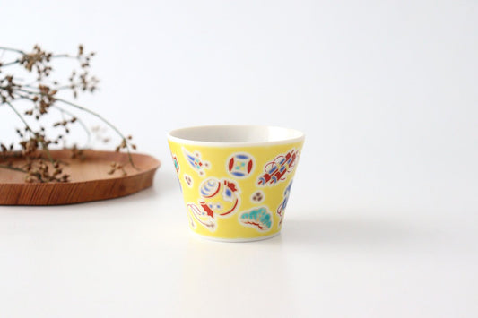 Jushu cup, yellow diagonal, porcelain, Seikou kiln, Kutani ware