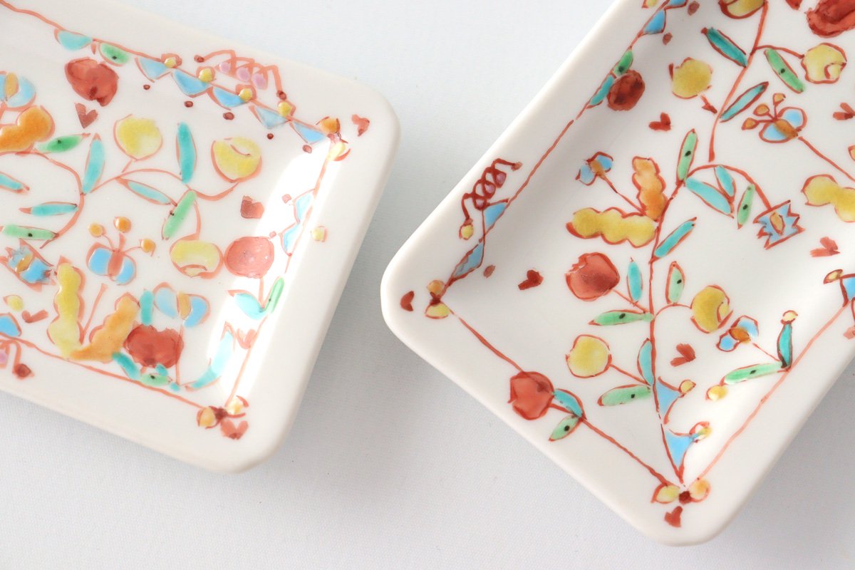 Long square small plate, flower chintz, porcelain, Ginshu kiln, Kutani ware