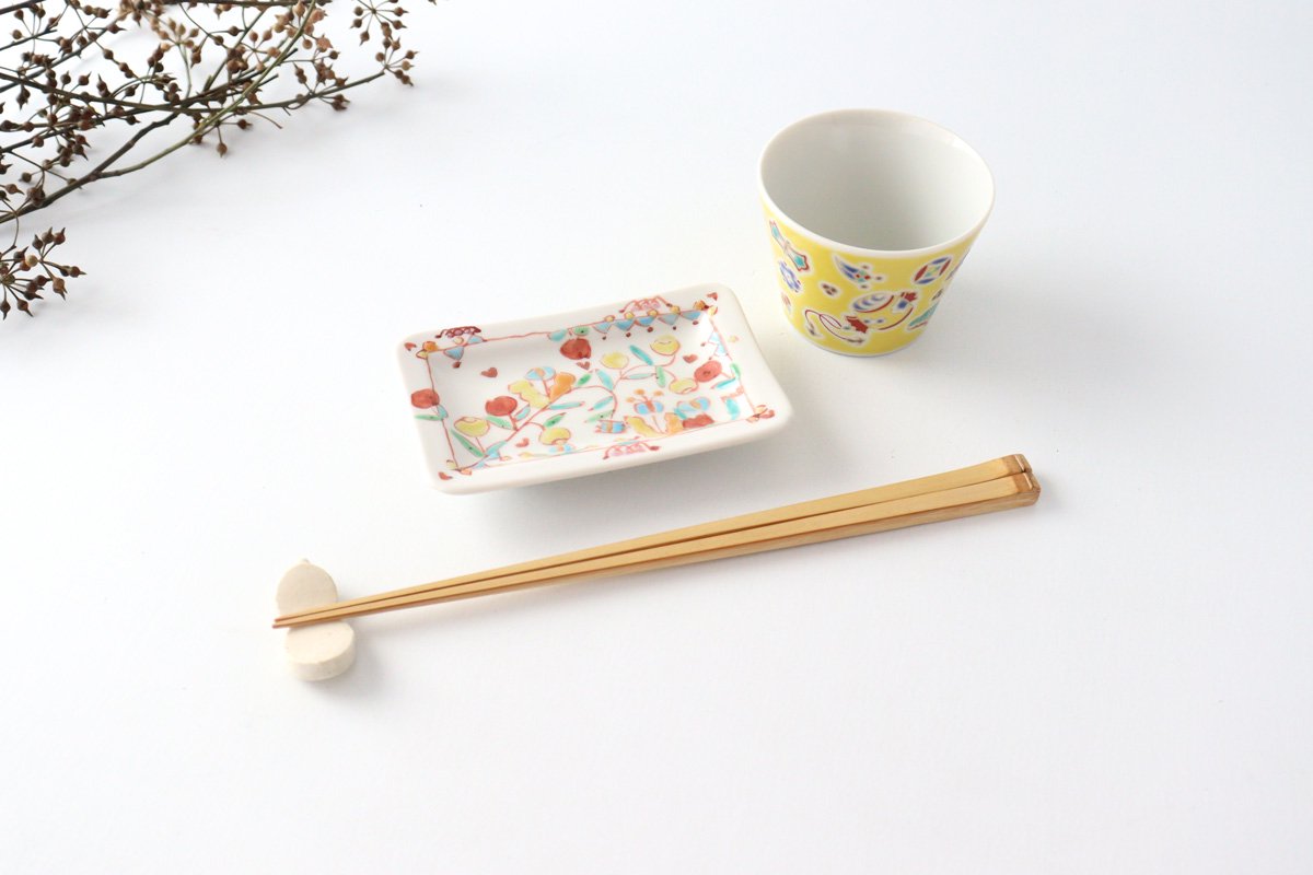 Long square small plate, flower chintz, porcelain, Ginshu kiln, Kutani ware