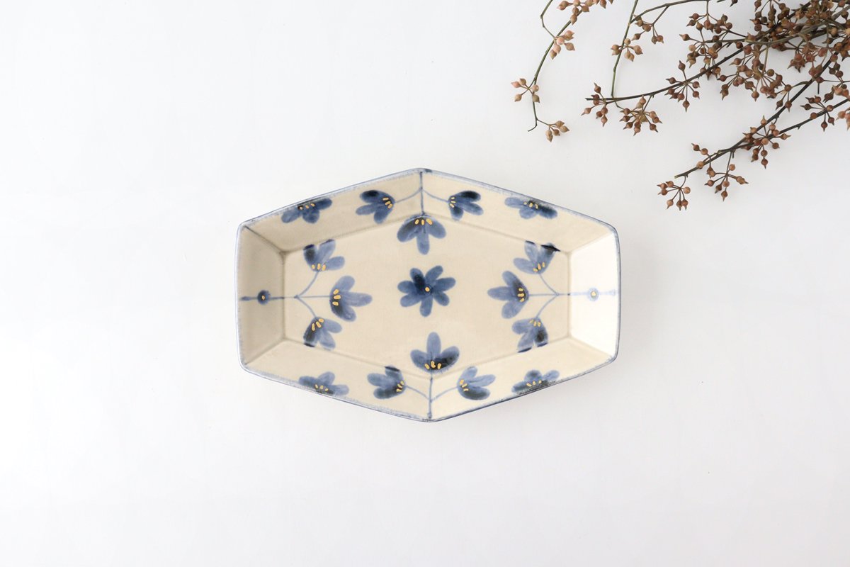 Hexagonal long plate, semi-porcelain, flower pattern, Arita ware