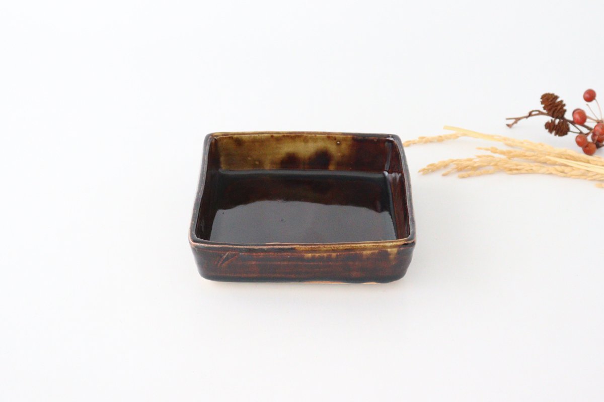 Square bowl, medium old Seto pottery, Kitagama Kasen, Hiroshige Kato, Seto ware