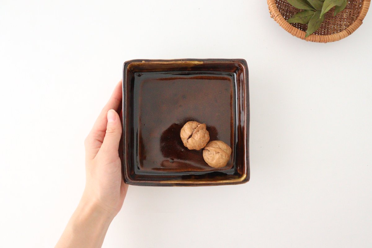 Square bowl, medium old Seto pottery, Kitagama Kasen, Hiroshige Kato, Seto ware