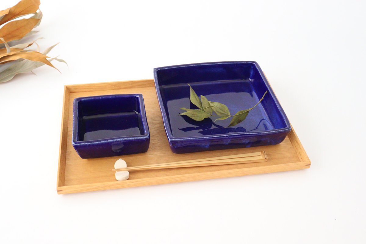 Square bowl, small lazuli pottery, Kitagama Kasen, Hiroshige Kato, Seto ware