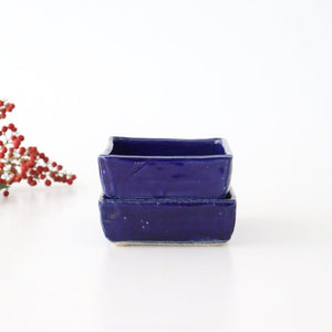 Square bowl, small lazuli pottery, Kitagama Kasen, Hiroshige Kato, Seto ware