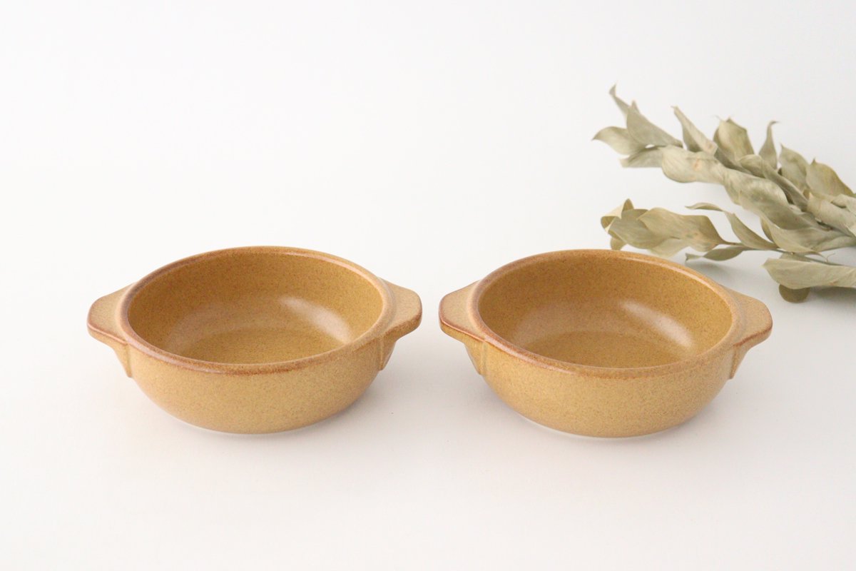 Round gratin, large, light brown, heat-resistant pottery, Mino ware