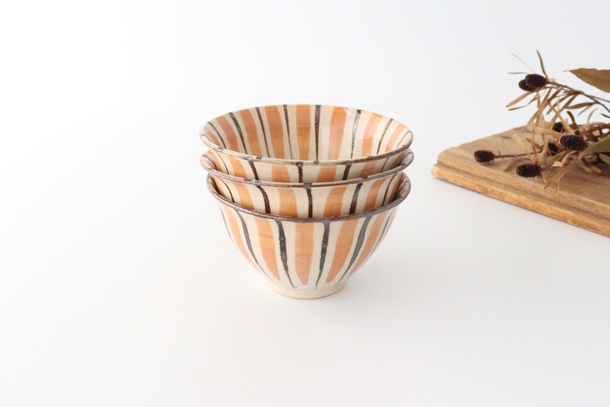Rice bowl, orange, pottery, straw hand, Mino ware