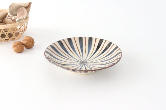 18cm/7.1in flat pot blue pottery straw hand Mino ware