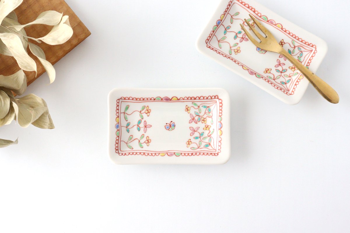 Ginshu Kiln Long Square Small Plate Flower and Butterfly  | Kutani Ware