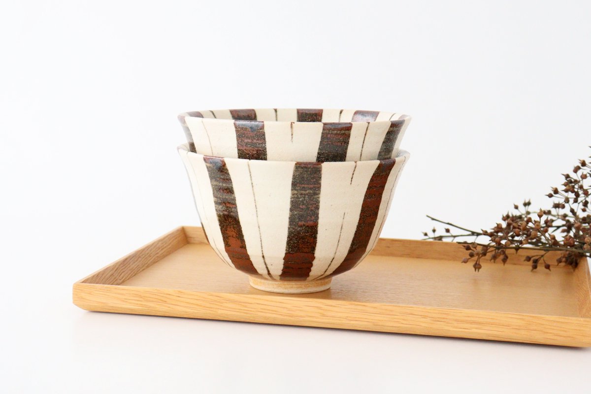 Rice Bowl Brown Stripes Tokusa 15cm/6in | Mino Ware