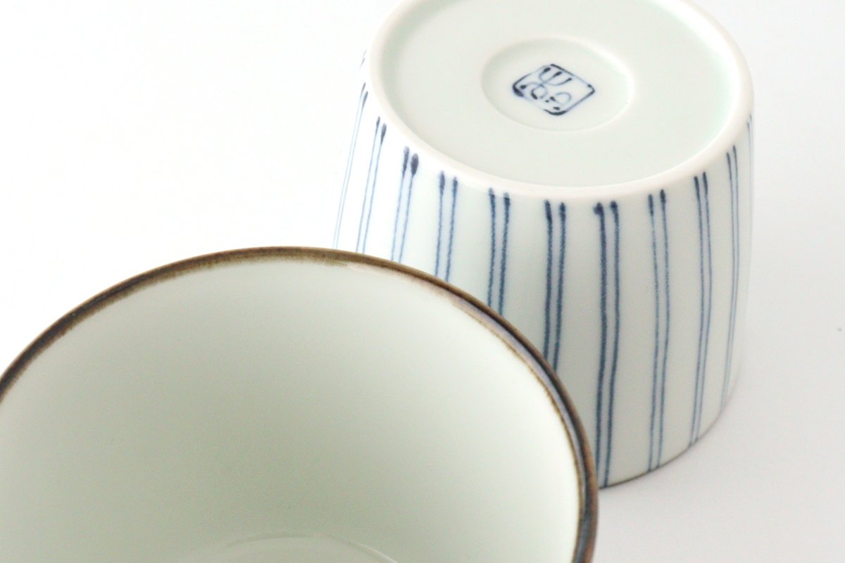 Soba Choko Tokusa Blue Stripes | Free Cup Hasami Ware