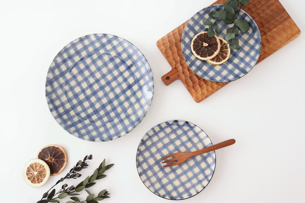 Round Plate Semi-porcelain Blue Check 15㎝/6in | Arita Ware