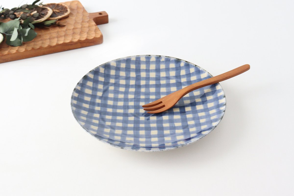 Round Plate Semi-porcelain Blue Check 21㎝/8.3in | Arita Ware