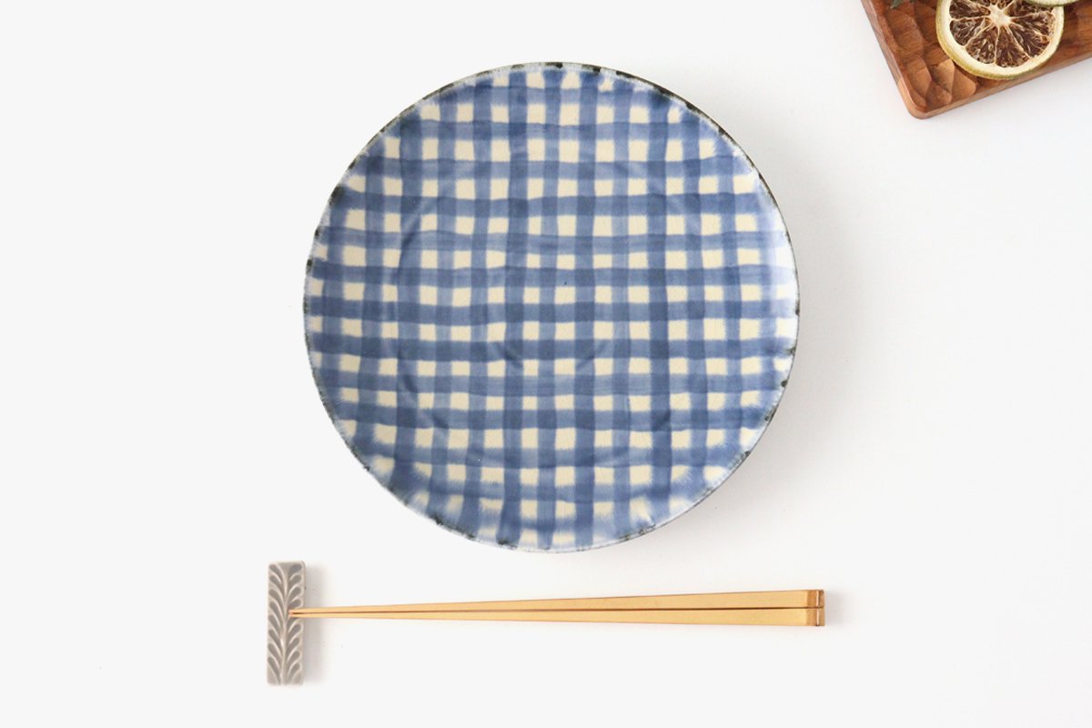 Round Plate Semi-porcelain Blue Check 21㎝/8.3in | Arita Ware