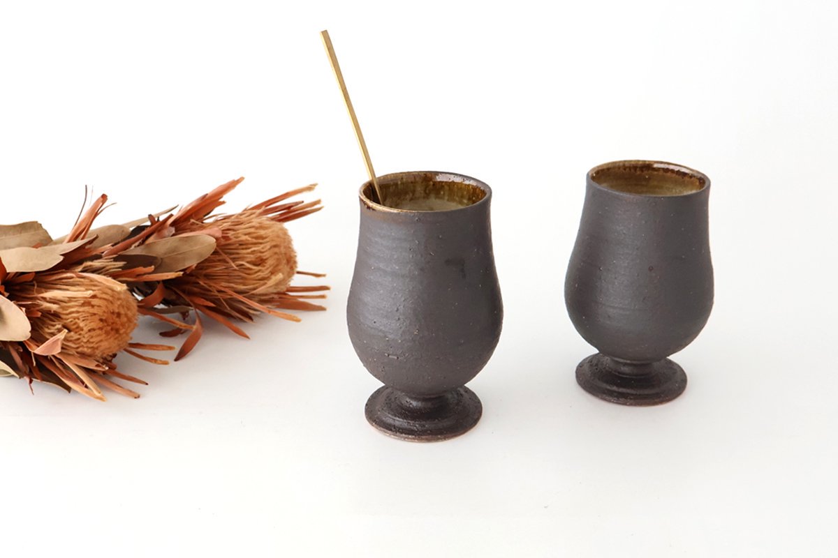 Kosendo Sake Cup Goblet Brown Tag | Shigaraki Ware