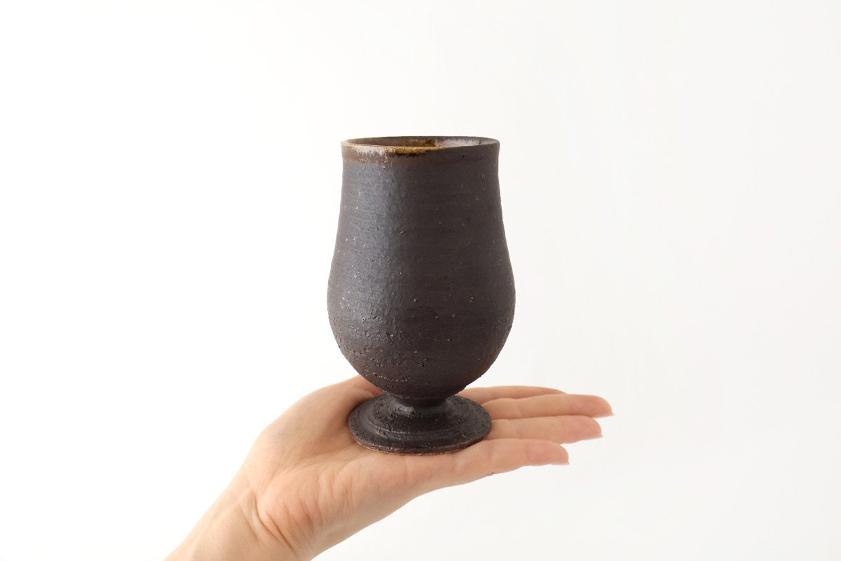 Kosendo Sake Cup Goblet Brown Tag | Shigaraki Ware