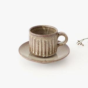 Cup and Saucer Ash Glaze Carving  | Shigaraki Ware