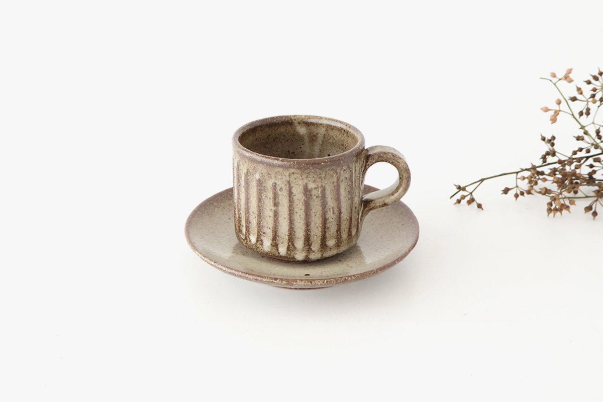 Cup and Saucer Ash Glaze Carving  | Shigaraki Ware