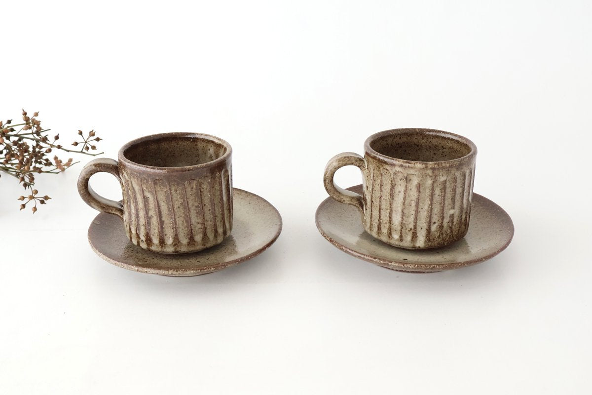 Cup and Saucer Ash Glaze Carving  | Shigaraki Ware