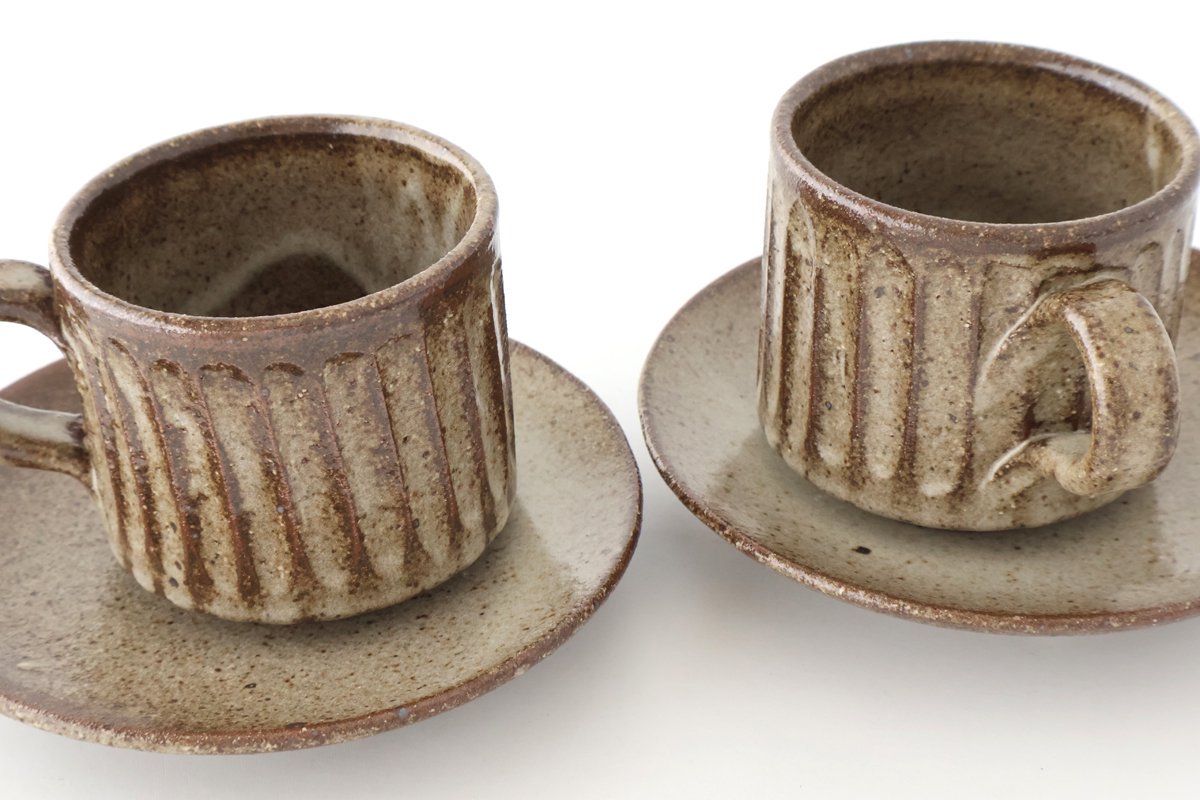 Cup and Saucer Ash Glaze Carving  | Shigaraki Ware