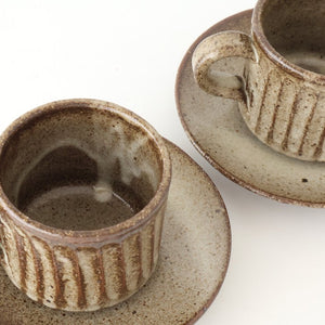 Cup and Saucer Ash Glaze Carving  | Shigaraki Ware