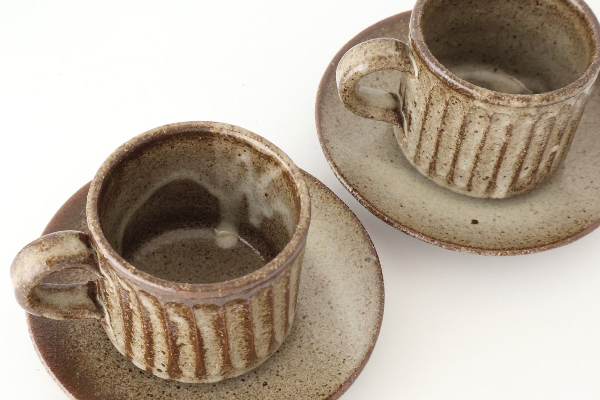 Cup and Saucer Ash Glaze Carving  | Shigaraki Ware