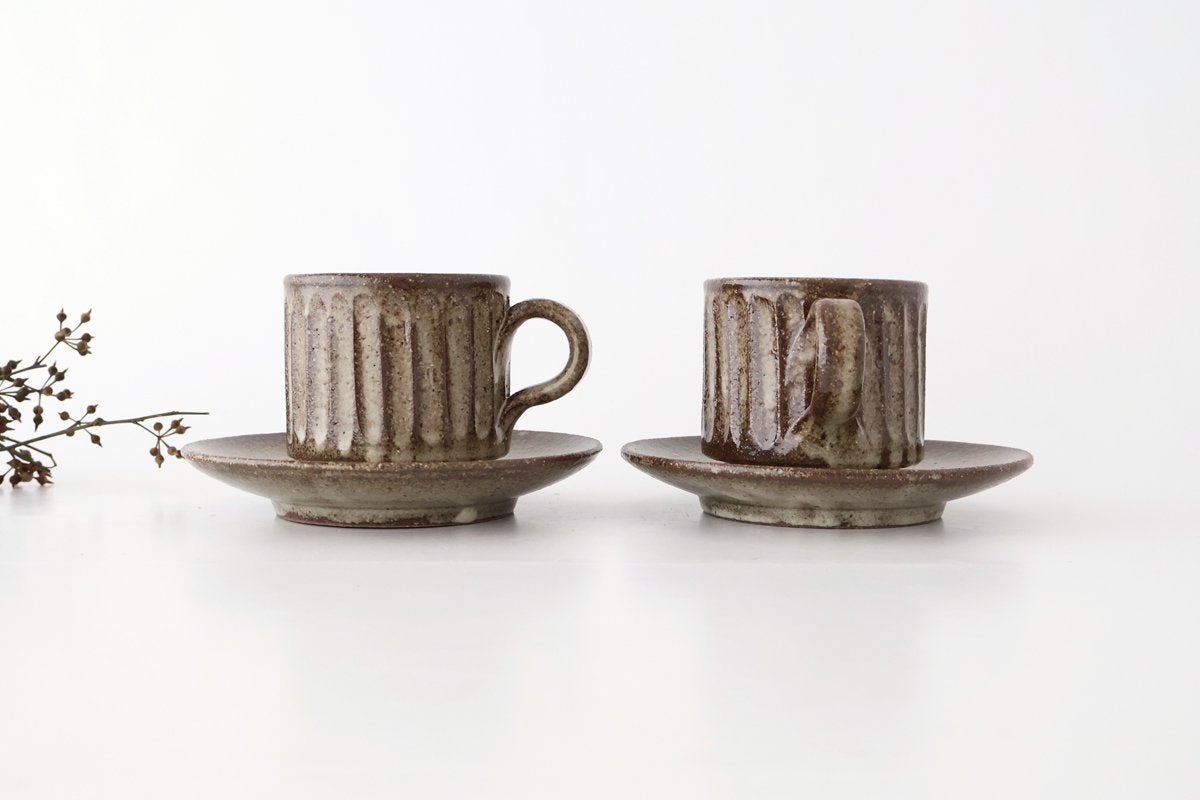 Cup and Saucer Ash Glaze Carving  | Shigaraki Ware