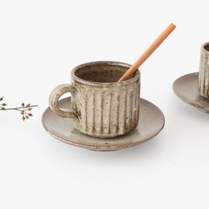 Cup and Saucer Ash Glaze Carving  | Shigaraki Ware