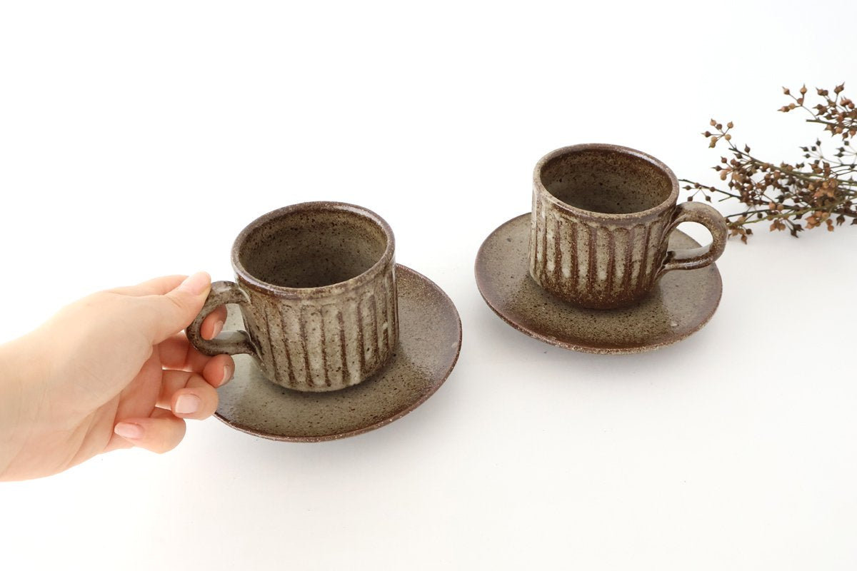 Cup and Saucer Ash Glaze Carving  | Shigaraki Ware