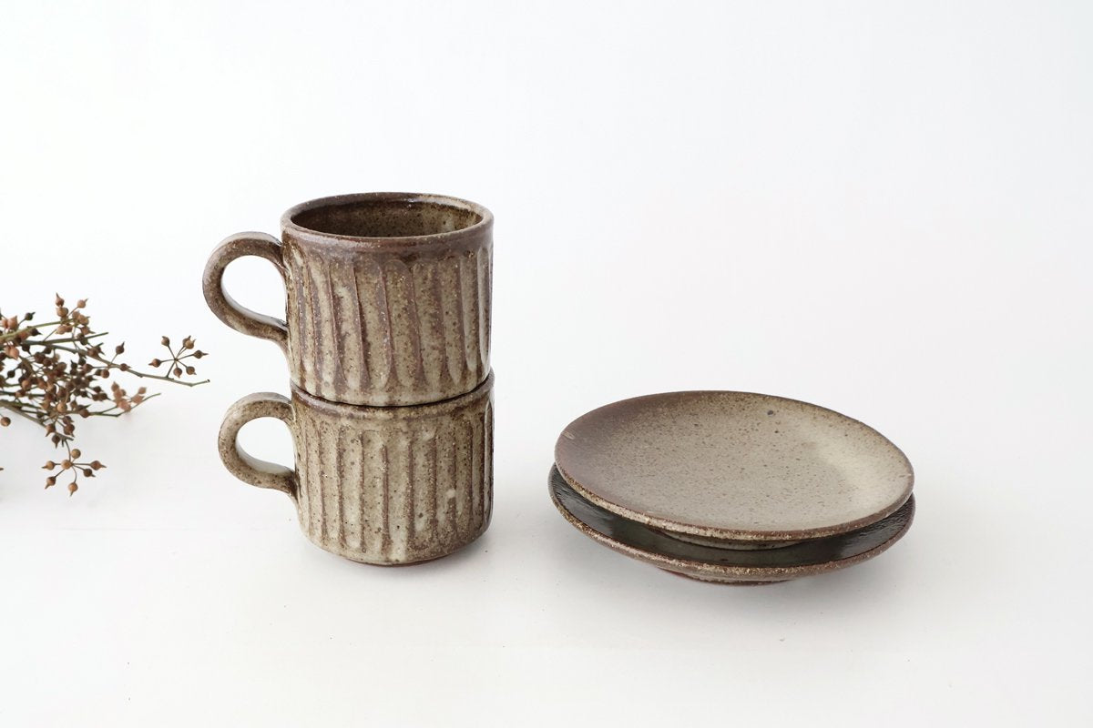 Cup and Saucer Ash Glaze Carving  | Shigaraki Ware