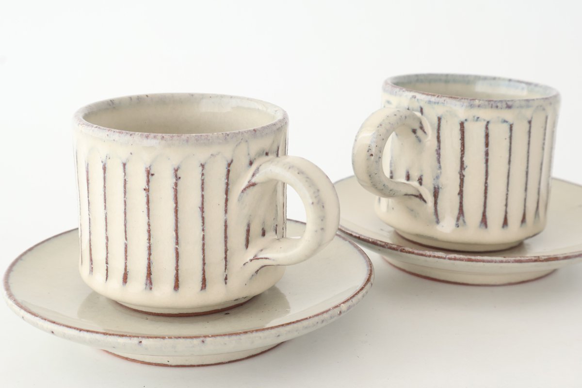 Cup and Saucer White Glaze Carving  | Shigaraki Ware