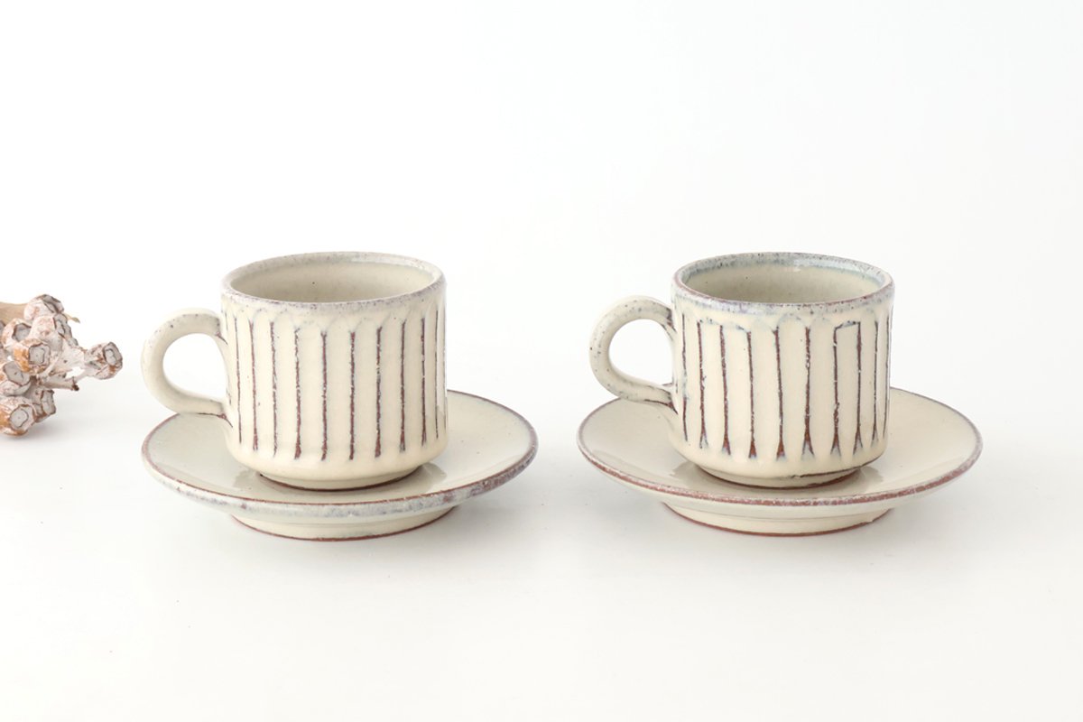 Cup and Saucer White Glaze Carving  | Shigaraki Ware