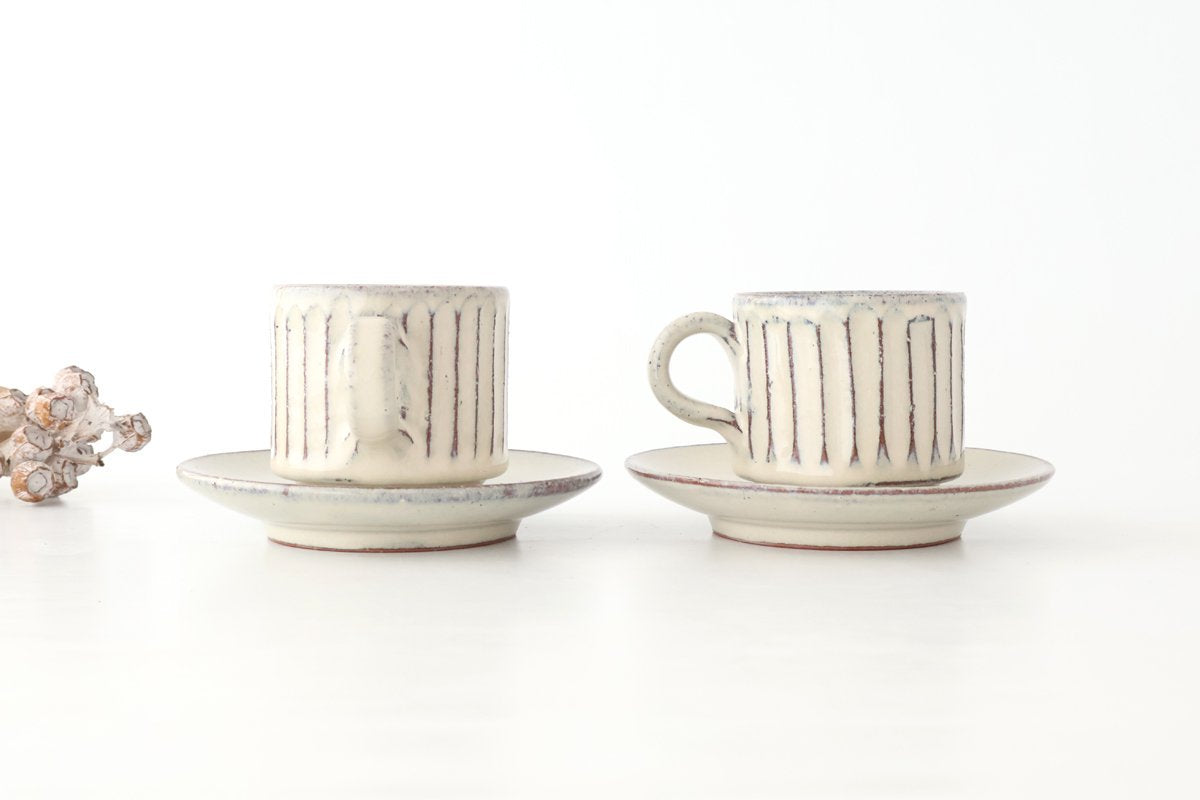 Cup and Saucer White Glaze Carving  | Shigaraki Ware