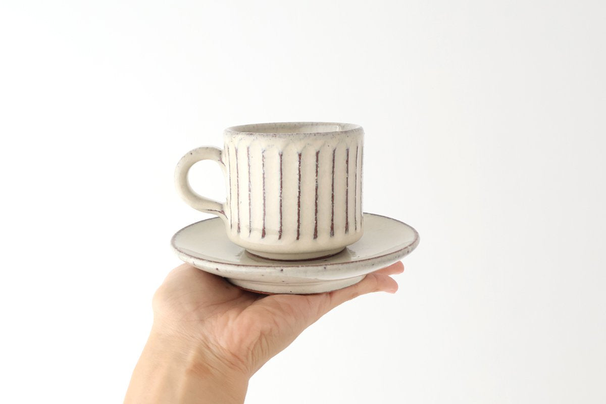 Cup and Saucer White Glaze Carving  | Shigaraki Ware